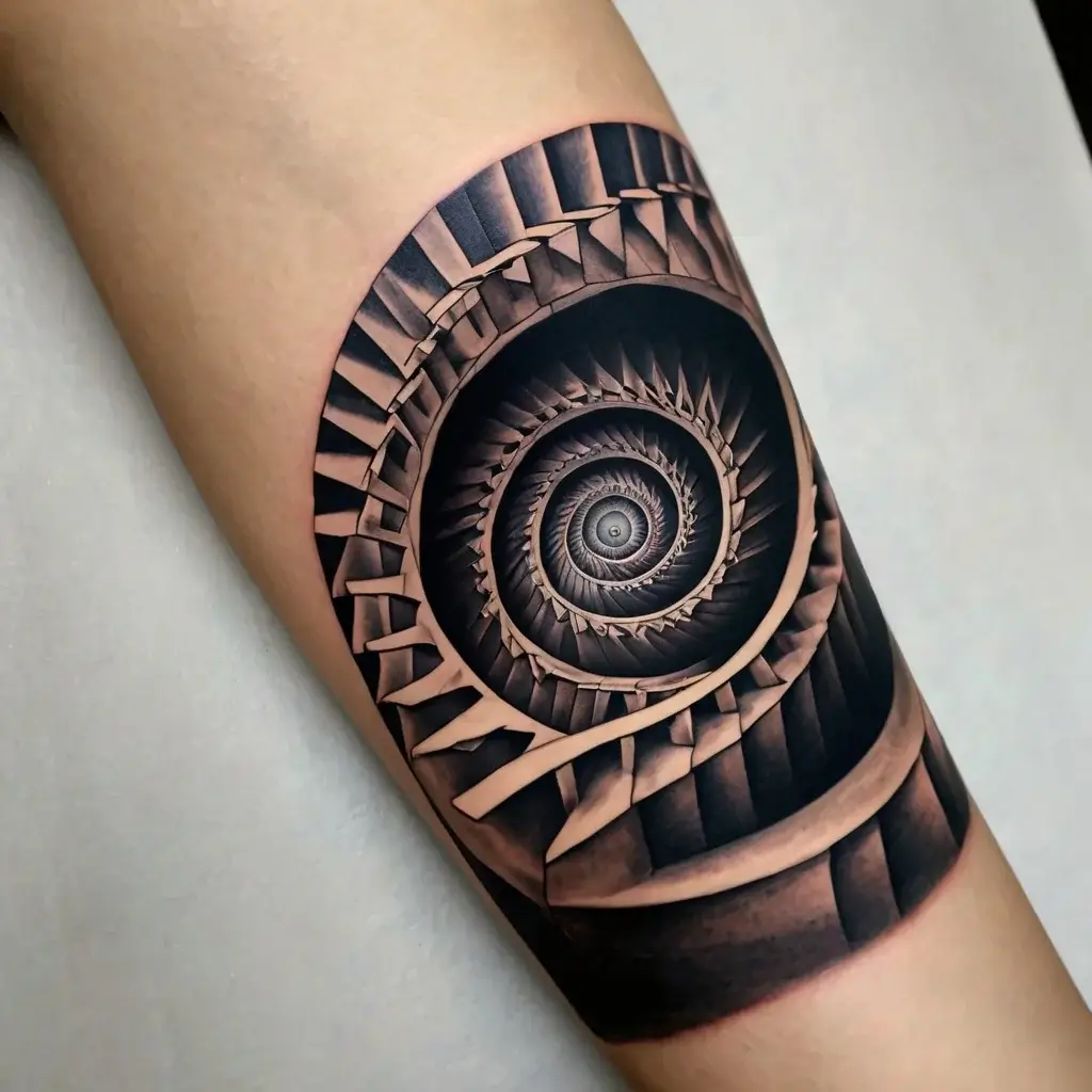 Tattoo of a 3D spiral staircase, creating a mesmerizing optical illusion of depth on the skin.