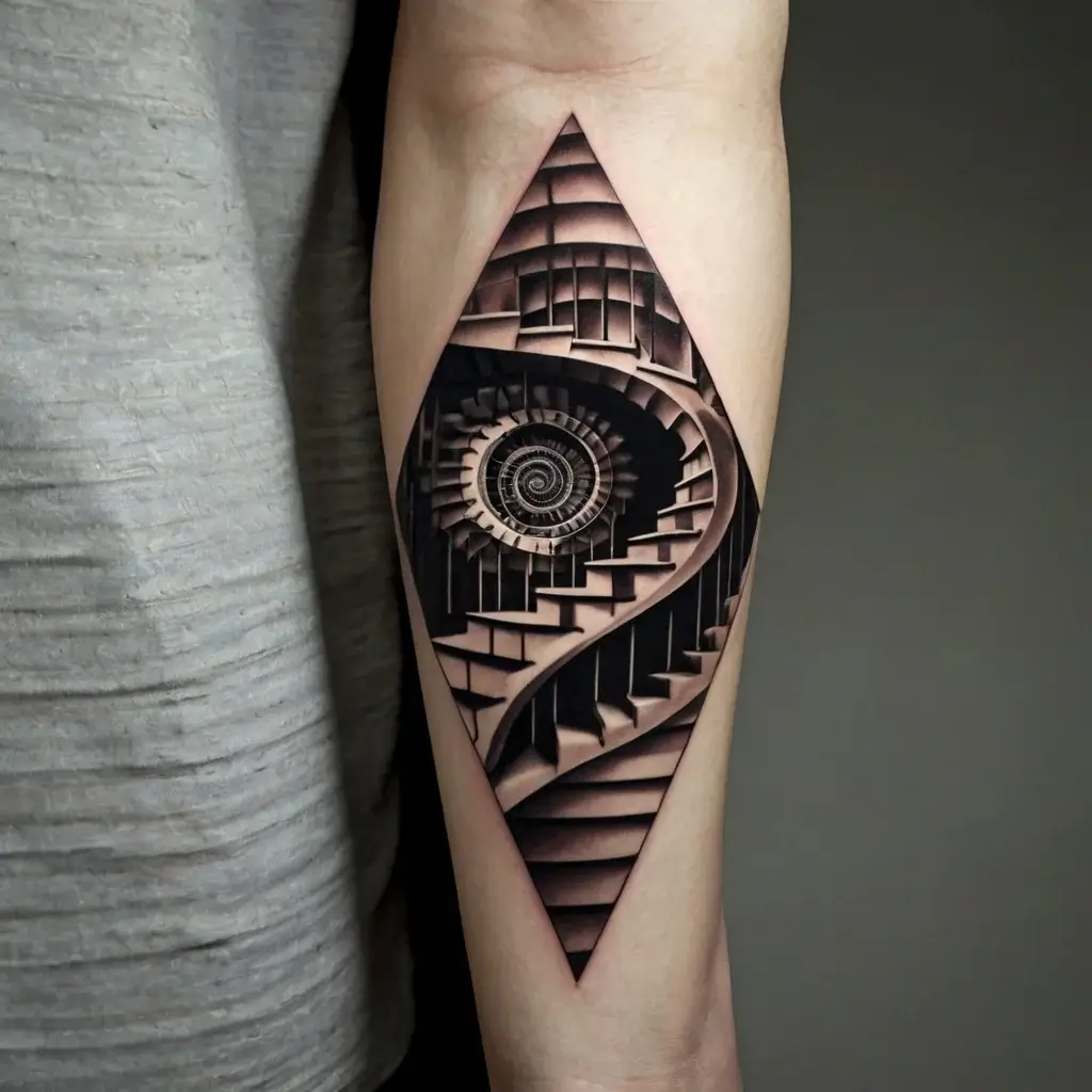 Tattoo of a 3D spiral staircase in a diamond shape, creating an optical illusion with intricate shading and depth.