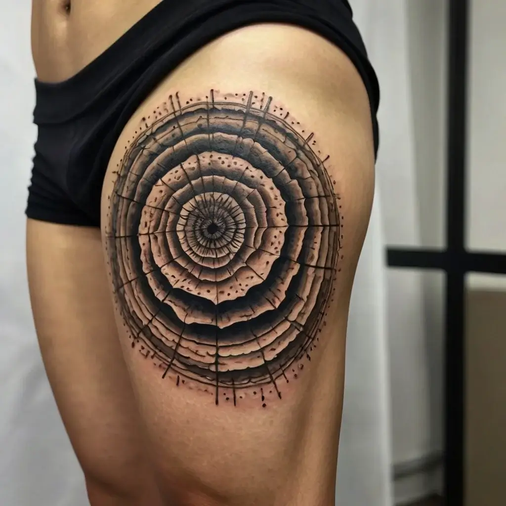 3D tattoo of tree rings on thigh, depicting concentric circles with intricate textures and fine line details.