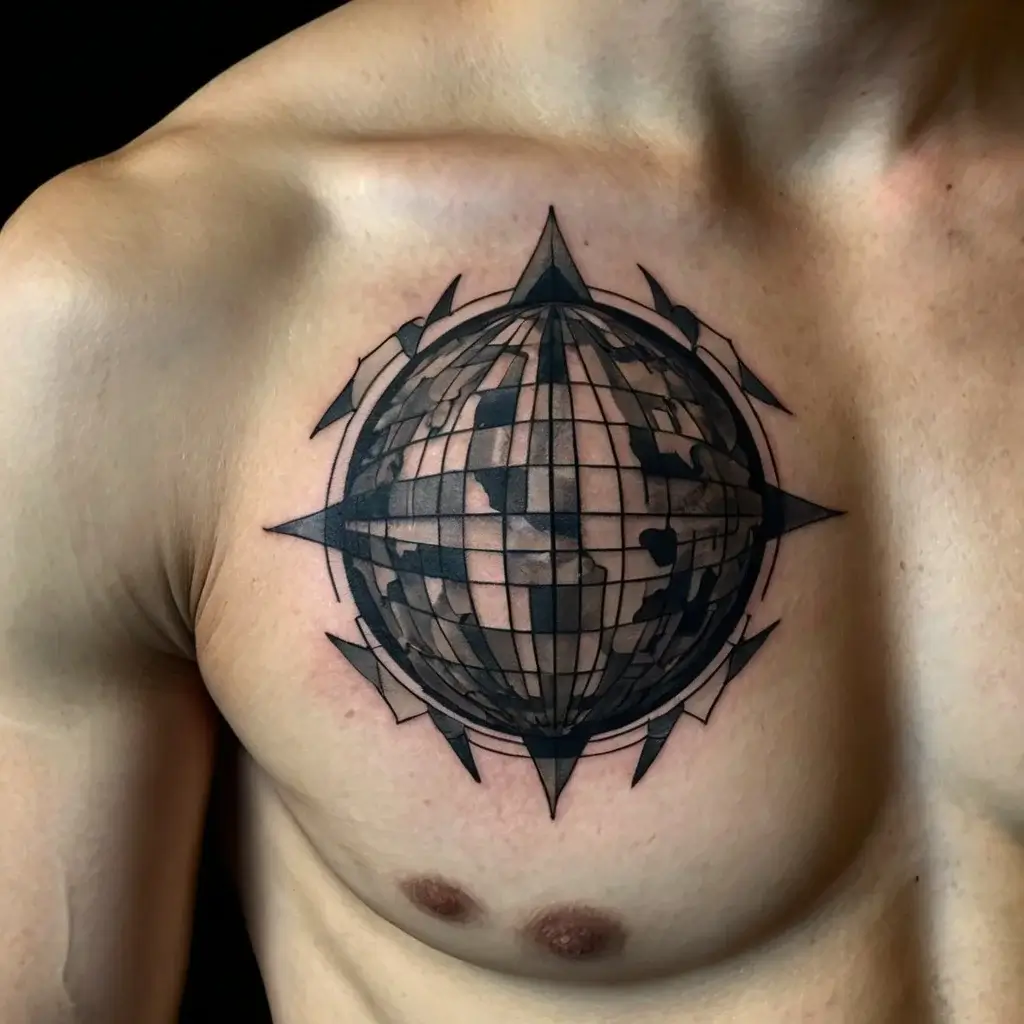 Tattoo of a 3D globe with continents, centered on the chest, surrounded by a compass rose with bold, sharp points.