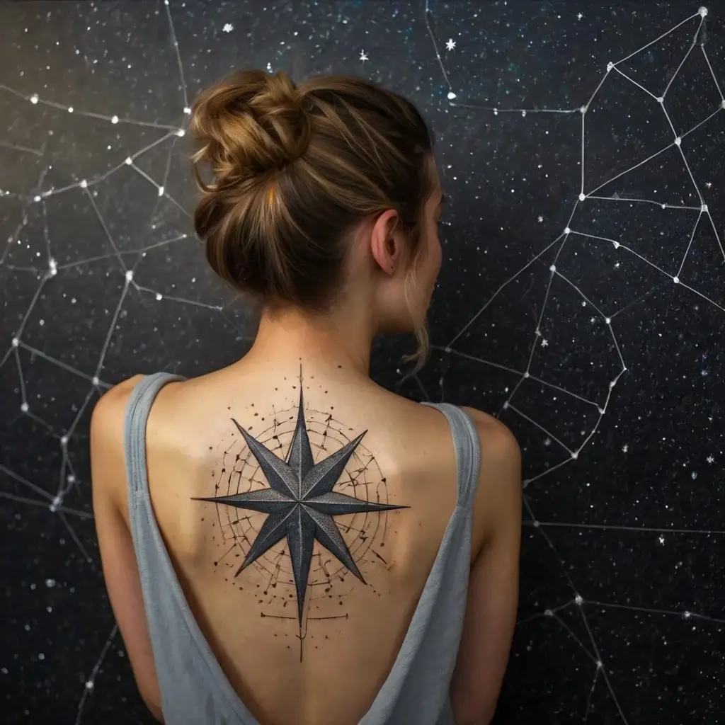 Tattoo of a detailed eight-point compass rose on the back, surrounded by geometric patterns and constellations.