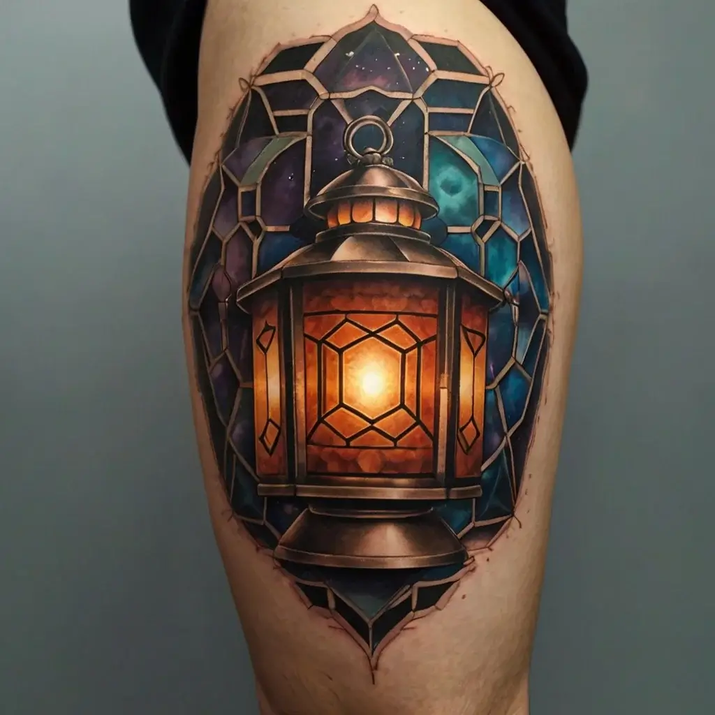 Tattoo of a glowing lantern within a stained glass design, featuring blue and purple hues with cosmic elements.