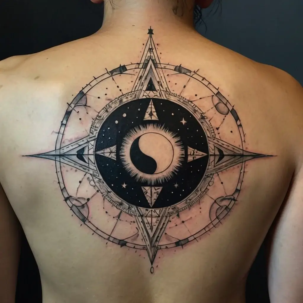 Ornate mandala tattoo with a central yin-yang symbol, geometric patterns, and celestial accents on the back.