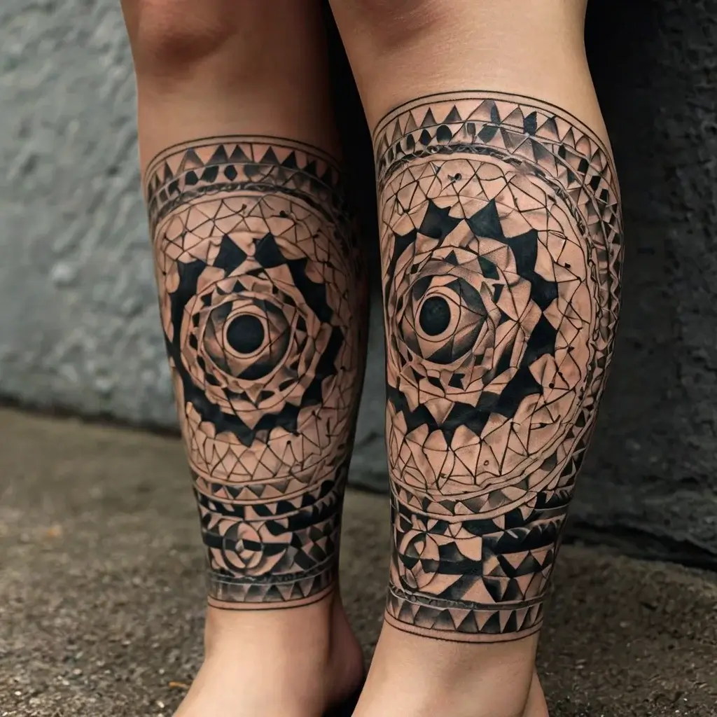 Geometric mandala tattoos on calves, featuring intricate black shapes and detailed patterns for symmetry and depth.