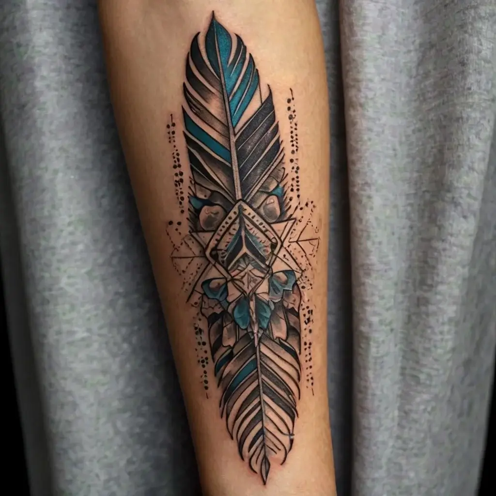 Abstract feather tattoo with teal accents, geometric shapes, and dotwork on forearm.