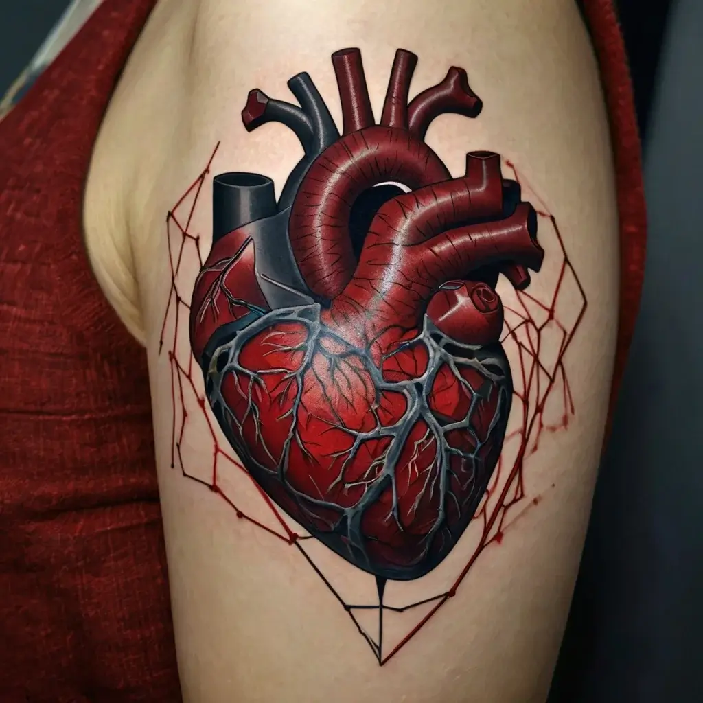 Realistic anatomical heart tattoo with geometric lines, featuring vivid reds and intricate shading on the upper arm.