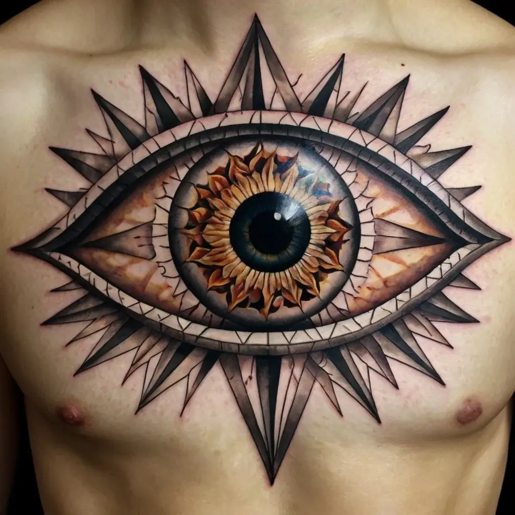 Geometric eye tattoo on chest with intricate sunburst iris. Sharp, angular rays extend outward, creating a captivating design.