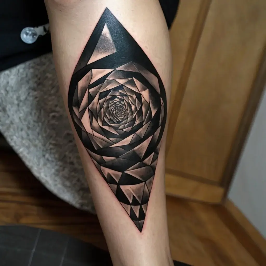 Geometric tattoo with a triangular spiral design, blending black and shaded areas, creating a 3D optical illusion.