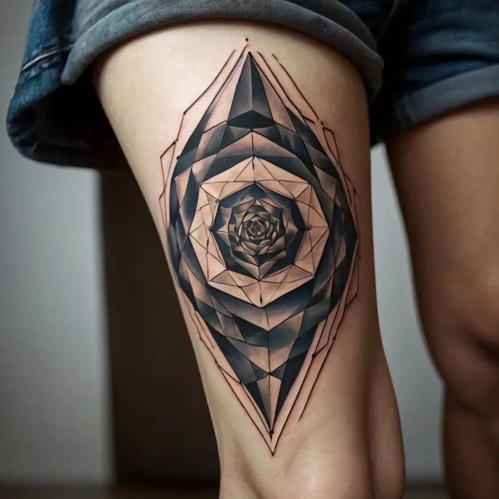 Geometric tattoo on thigh with intricate, angular shapes forming a 3D illusion of a spiraling vortex.