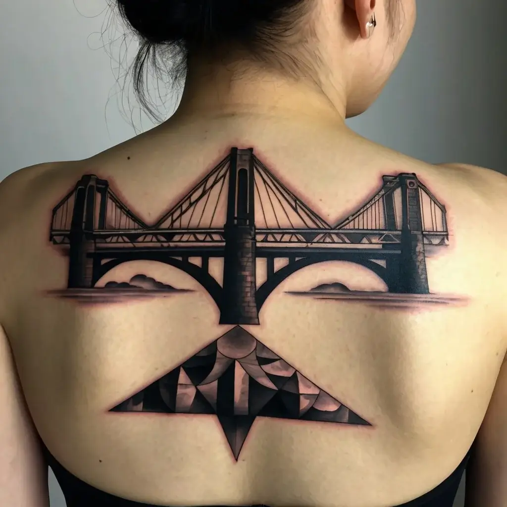 Tattoo of a detailed bridge with geometric shading below, spanning the upper back, showcasing contrast and precision.