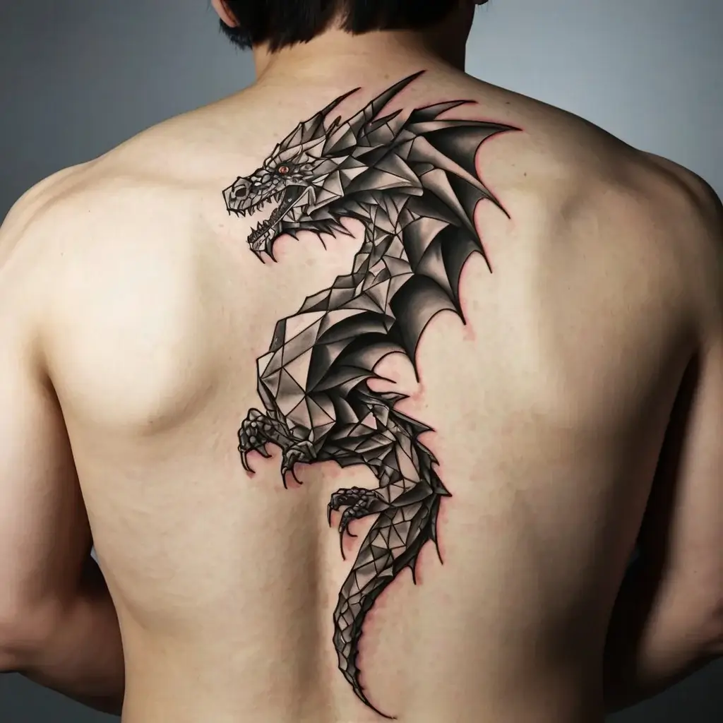 Geometric dragon tattoo in grayscale with sharp, angular facets and red accents, covering the back.