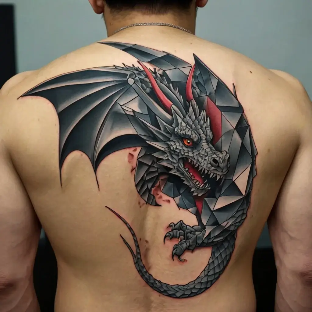 Geometric dragon back tattoo, featuring sharp angles and bold shading, with fiery red accents highlighting the eyes and spine.