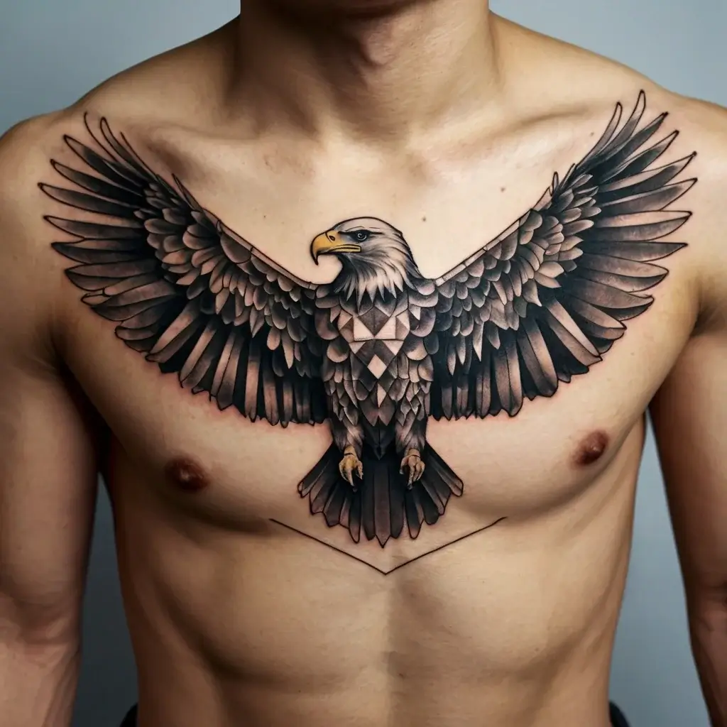 Detailed geometric eagle tattoo with outstretched wings, spanning chest, blending realism and abstract patterns.