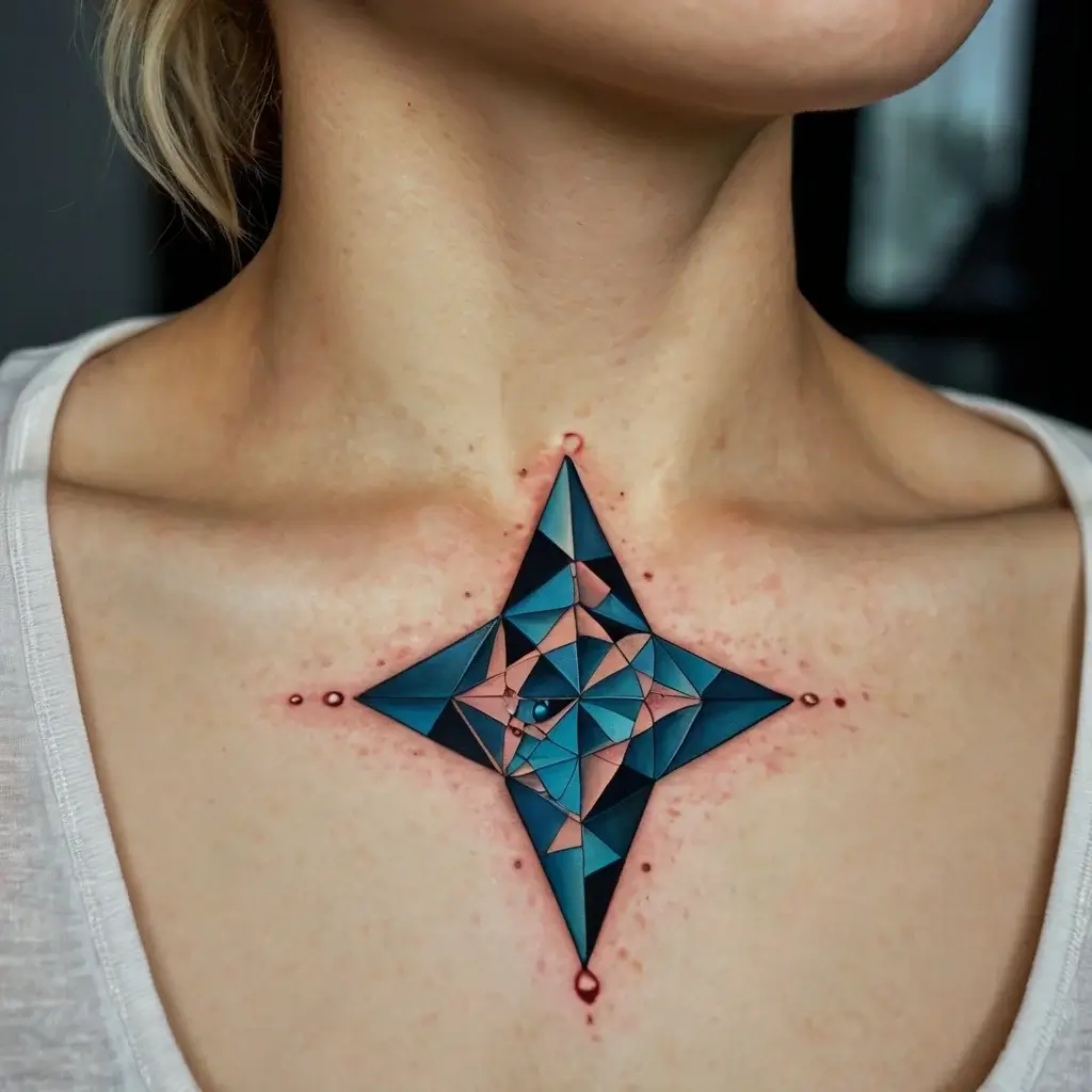 Geometric star tattoo in teal and peach tones, composed of triangular facets, centered on upper chest.