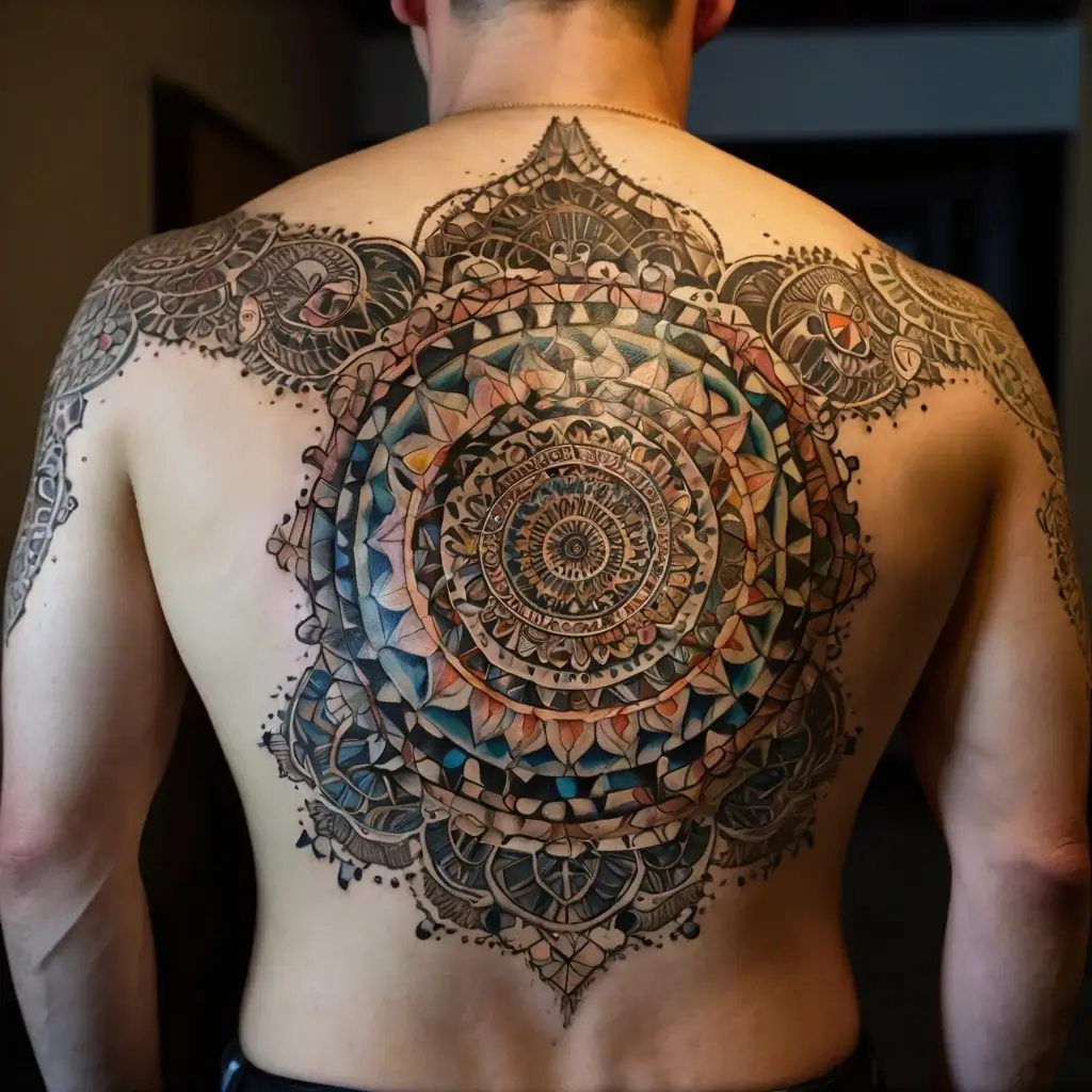 Intricate mandala tattoo with bold geometric patterns and earthy colors, covering the upper back.