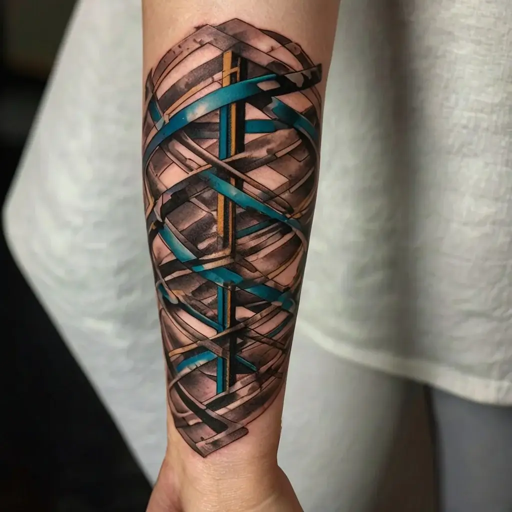 Tattoo of layered metal bands with blue and yellow accents, creating a 3D effect on the forearm.