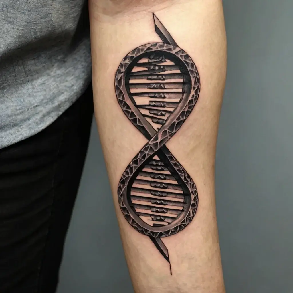 Tattoo of a 3D DNA helix on an arm, designed with a snake scale texture, symbolizing life and transformation.