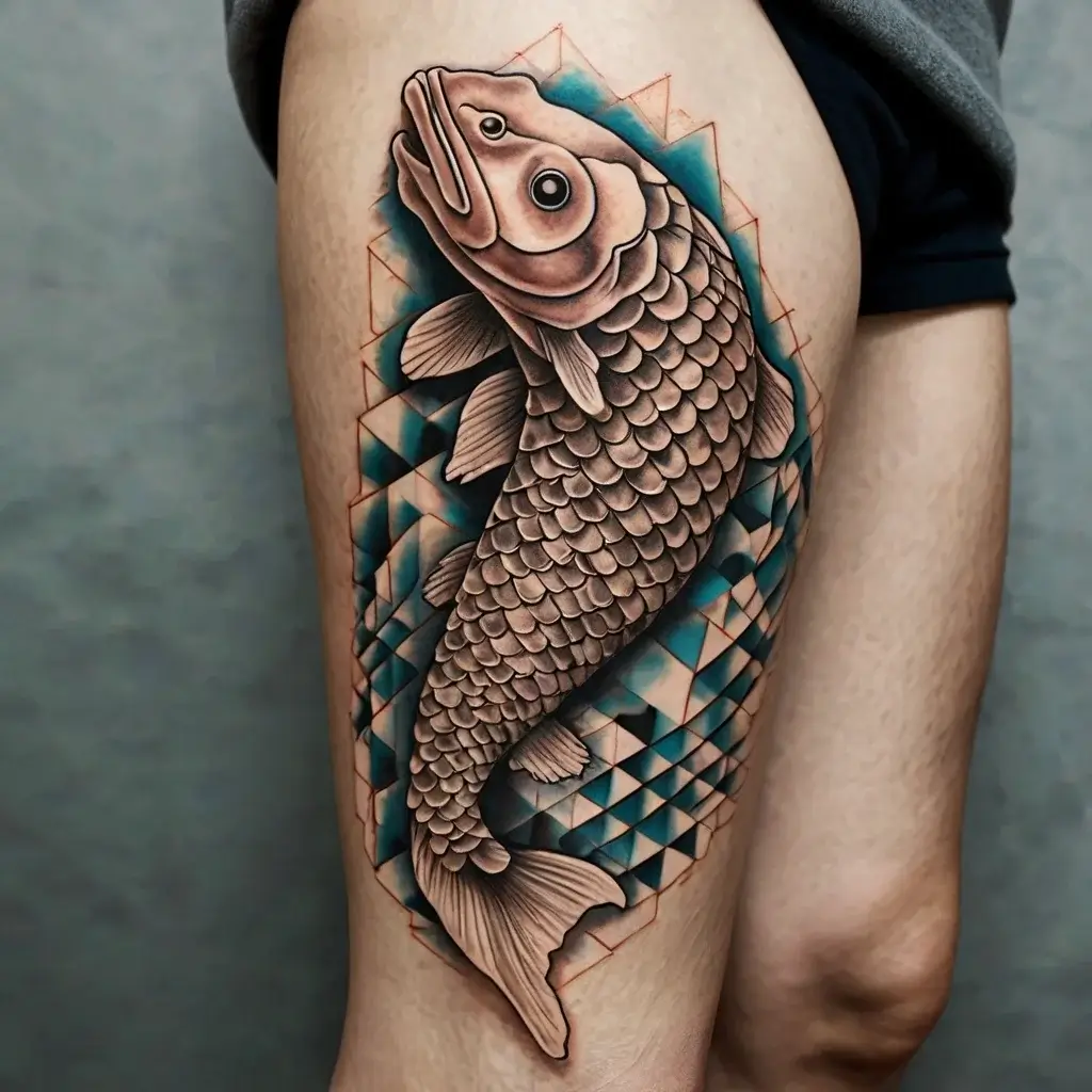 Tattoo of a detailed koi fish with intricate scales, set on a geometric blue and beige background on the thigh.