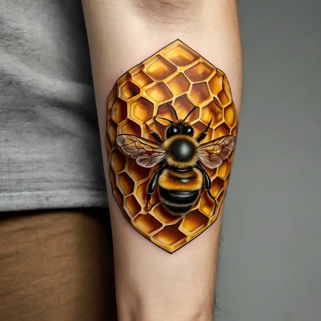 Realistic bee on a honeycomb tattoo, showcasing intricate details and vibrant colors, emphasizing depth and texture.