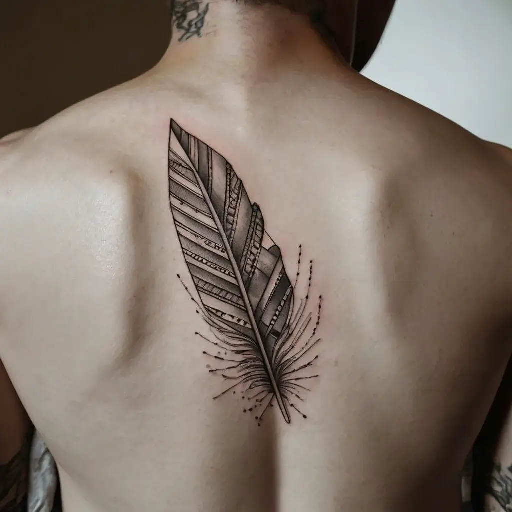 Intricate black and grey feather tattoo on back; detailed lines and geometric patterns, symbolizing freedom and flight.