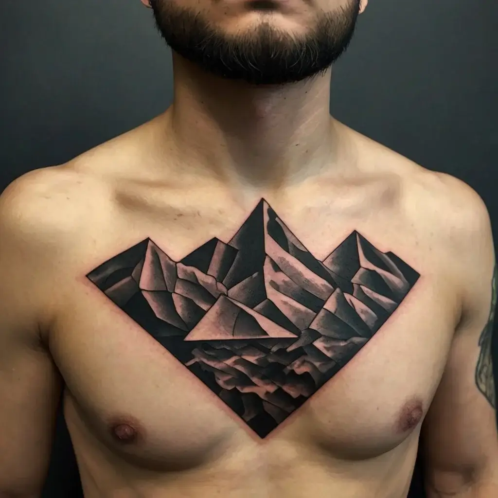 Geometric mountain range tattoo on chest with sharp, angular peaks in black and gray shading.