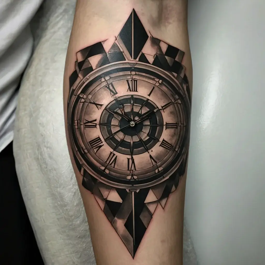 Geometric tattoo featuring a detailed clock with Roman numerals, surrounded by bold, triangular patterns.