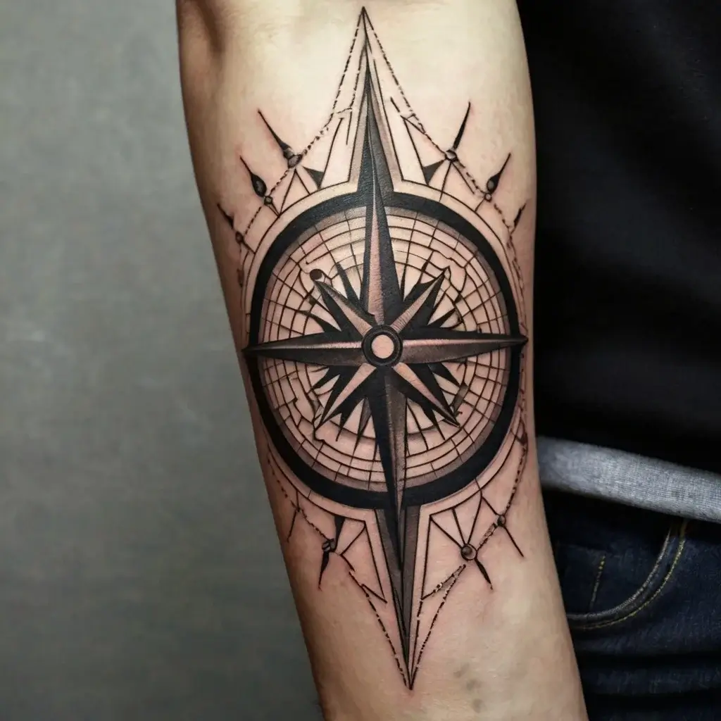 A detailed black ink compass design on the forearm, featuring geometric elements and intricate shading.