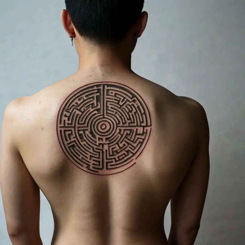 A circular maze tattoo on the upper back, featuring intricate, symmetrical paths, symbolizing life’s journey and complexity.