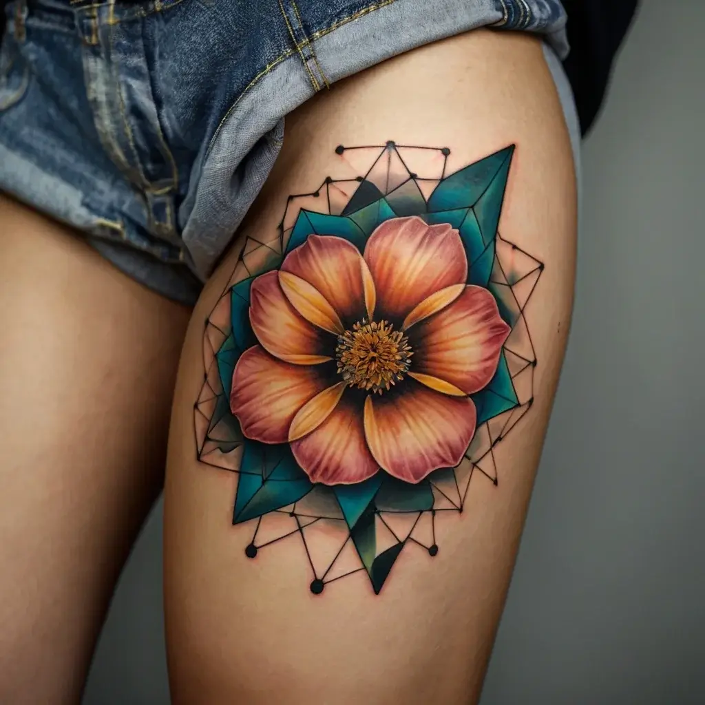 A vibrant flower tattoo with detailed petals in orange and yellow, layered over geometric shapes in teal on the thigh.