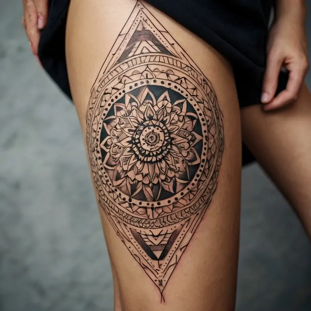 Mandala thigh tattoo with intricate geometric patterns and a central floral motif, encased in a triangular frame.