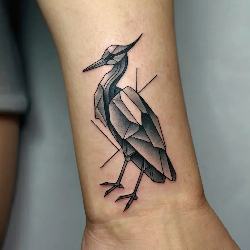 Geometric bird tattoo with sharp lines and gradients on the forearm, creating an origami-style heron design.