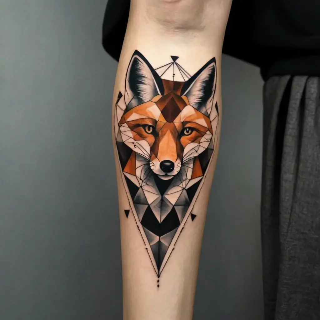 Geometric fox tattoo in orange and black, accented with triangles, combining realism and abstraction for a modern look.