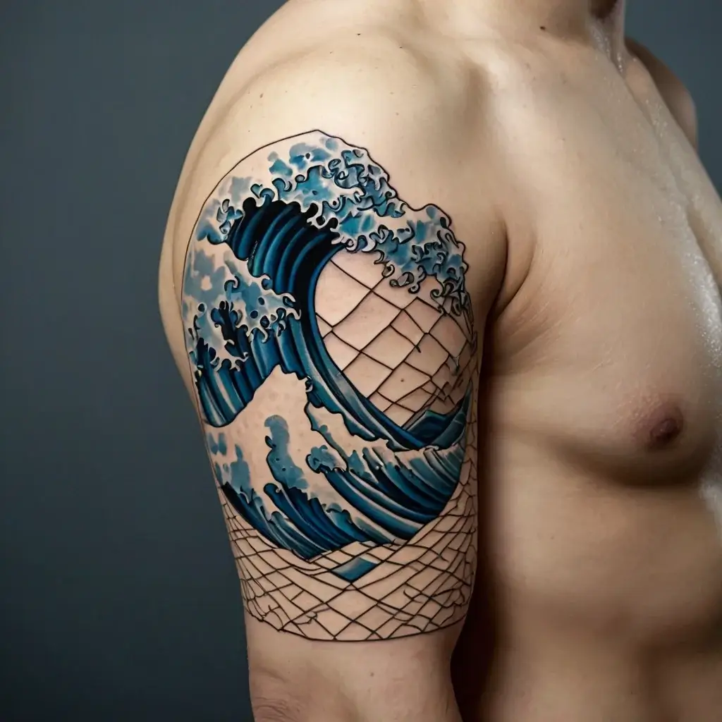 Tattoo of a stylized wave in blue ink, merging with a geometric net pattern on the upper arm, blending nature and geometry.