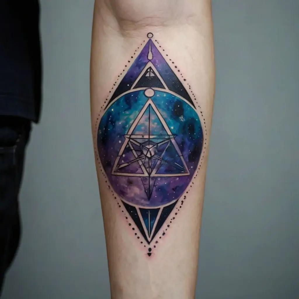 Geometric tattoo with triangles over cosmic background, encased in a rhombus with gradient purple and black details.