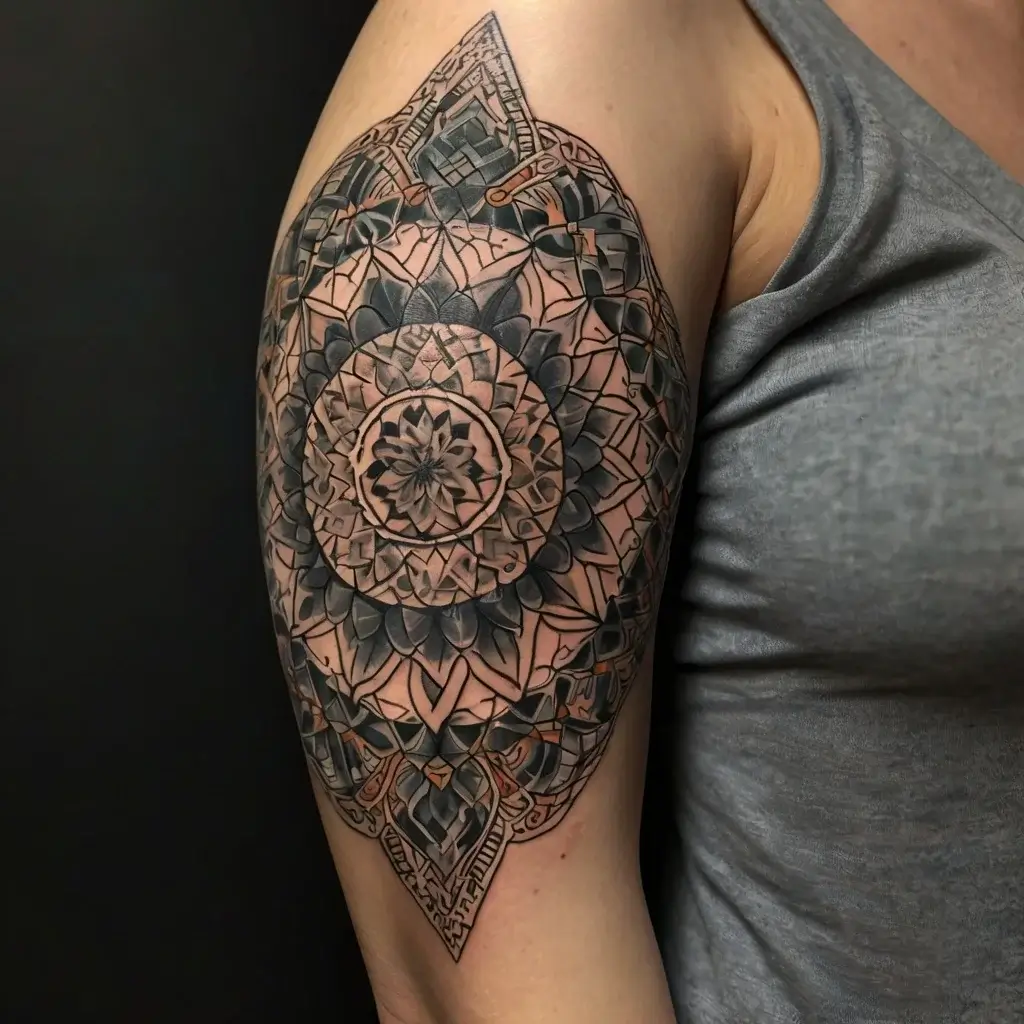 Intricate mandala tattoo with geometric patterns, featuring layers of petals and symmetrical shapes on the upper arm.