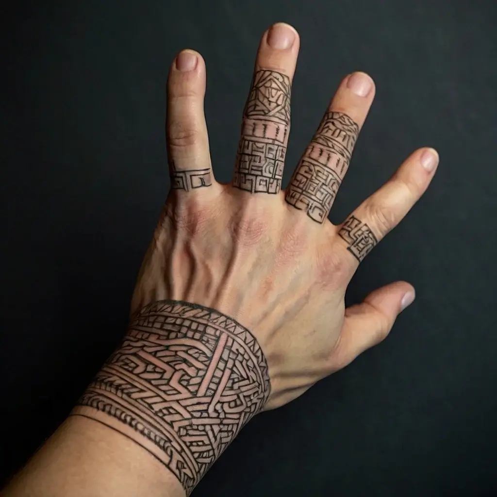 Geometric blackwork tattoo covering fingers and wrist with intricate, interlocking patterns and bold lines.