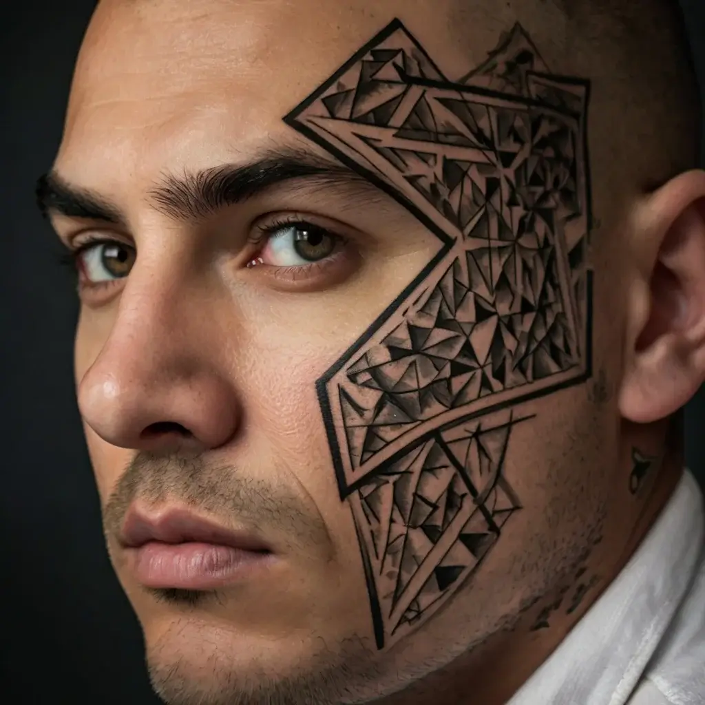 Geometric face tattoo featuring intricate, overlapping triangles and bold black outlines for a dynamic, edgy look.