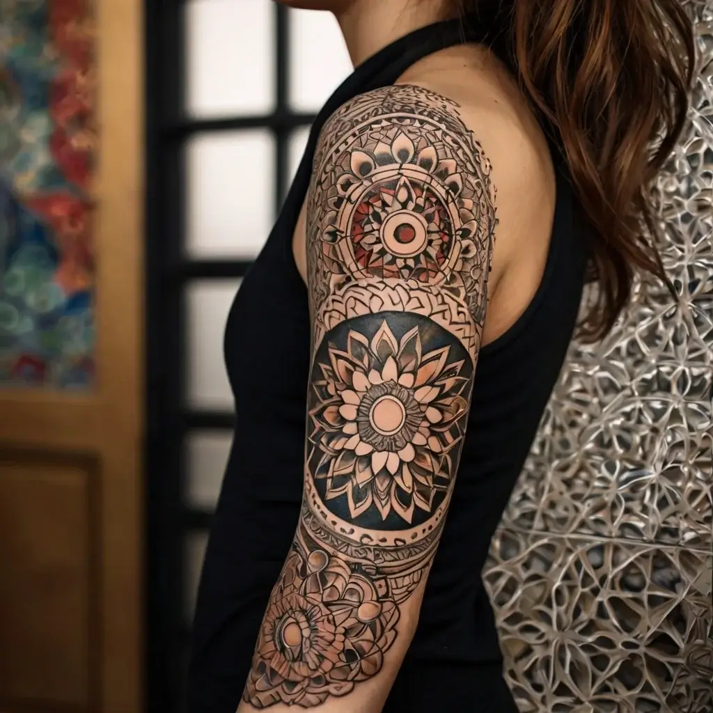 Sleeve tattoo of intricate mandalas on the arm, featuring detailed geometric patterns and floral elements.