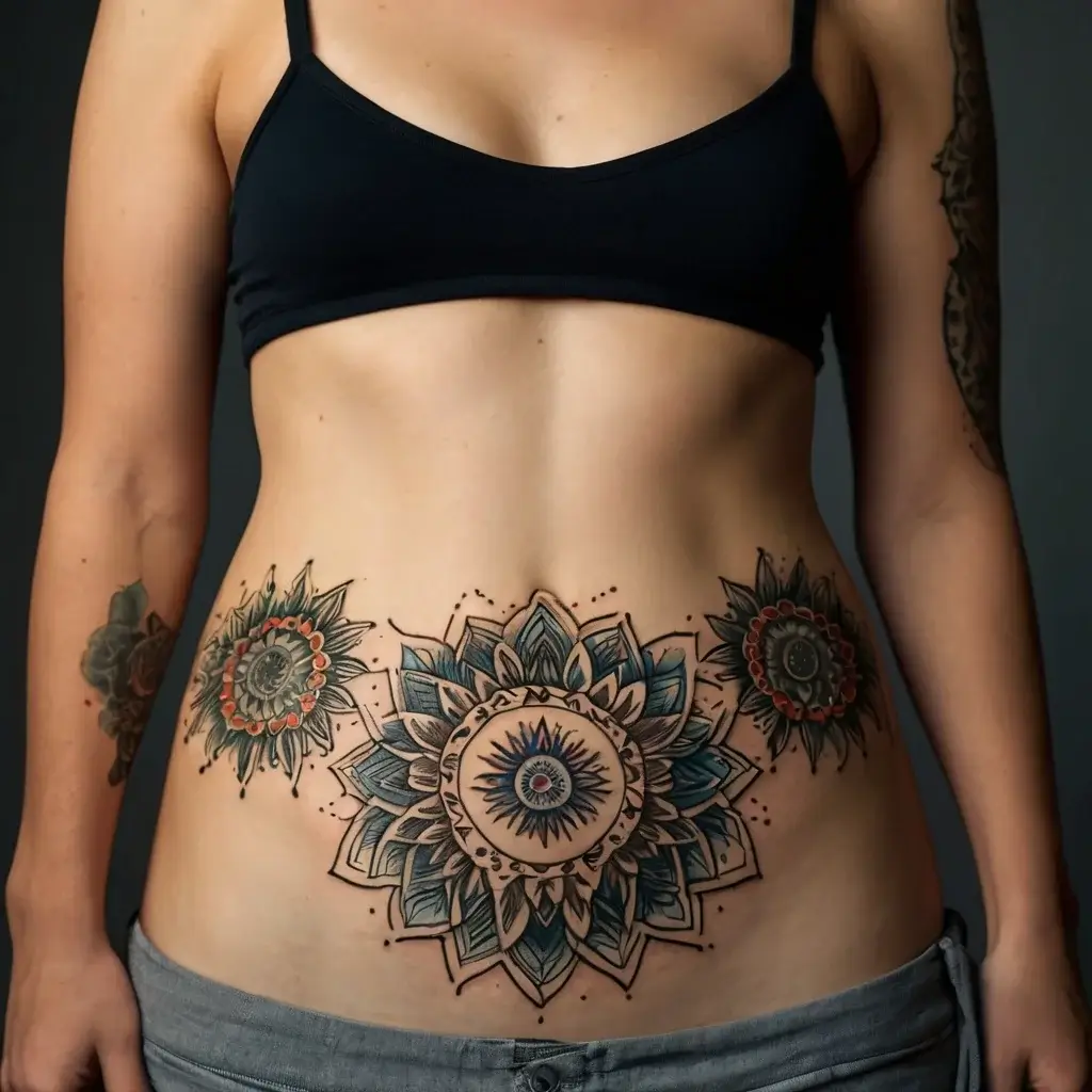 Mandala tattoo spans torso, featuring intricate geometric patterns with teal and earth tones centered on the abdomen.