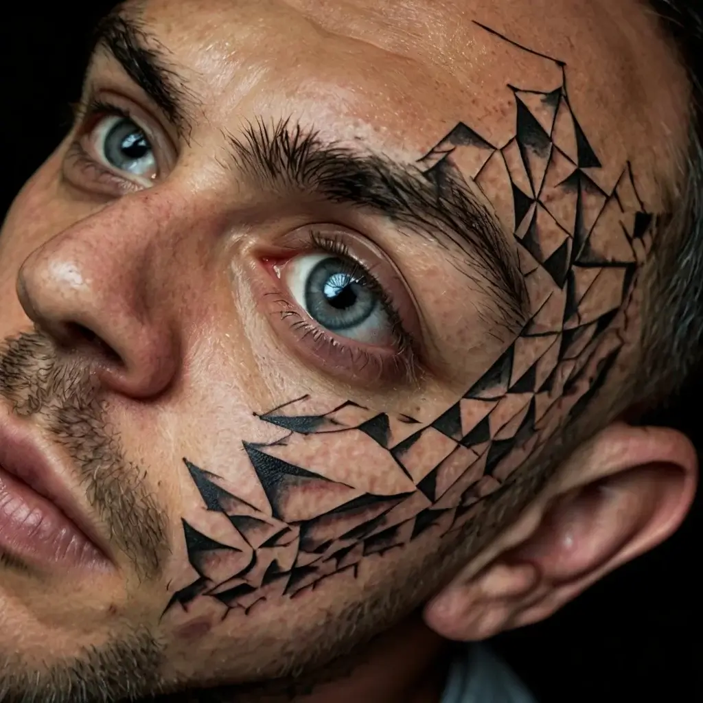 Geometric facial tattoo with bold black triangles fragmented across the cheek and temple, creating a dynamic pattern.