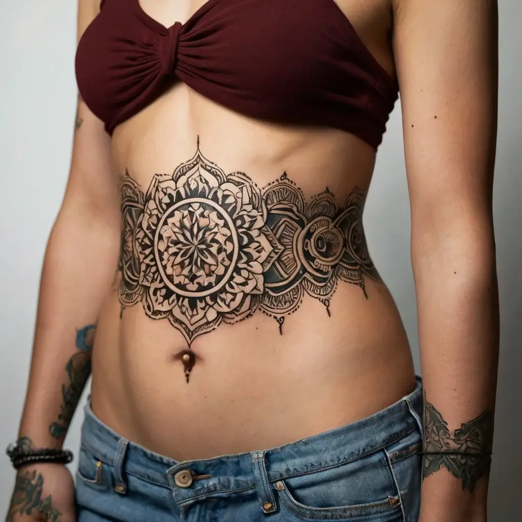 Mandala tattoo with intricate geometric patterns, adorned with floral motifs, wraps elegantly around the waist.