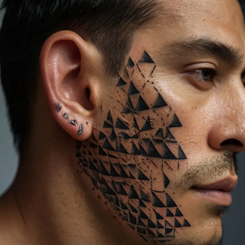 Geometric face tattoo with black shaded triangles forming a fragmented pattern on the cheek.