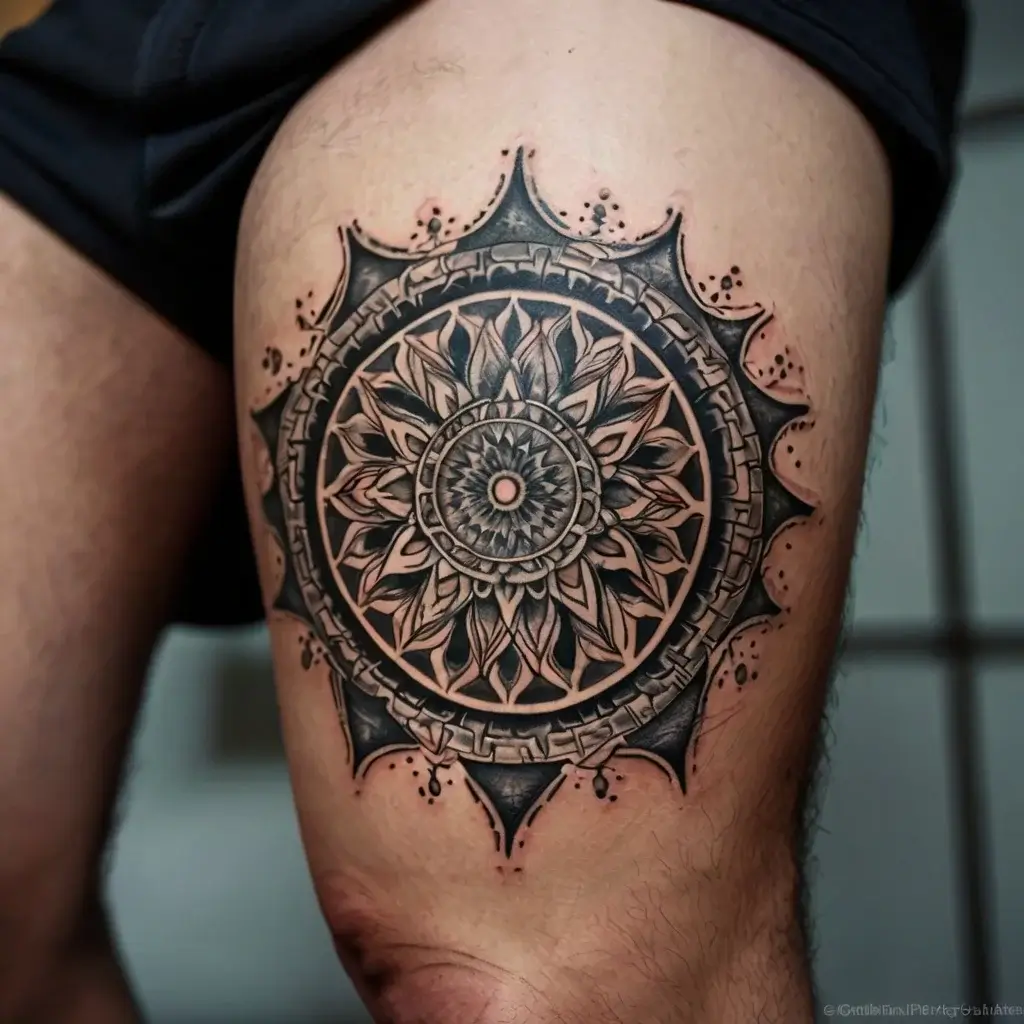 Ornate black and grey mandala tattoo with intricate geometric patterns and dotwork detailing on the thigh.