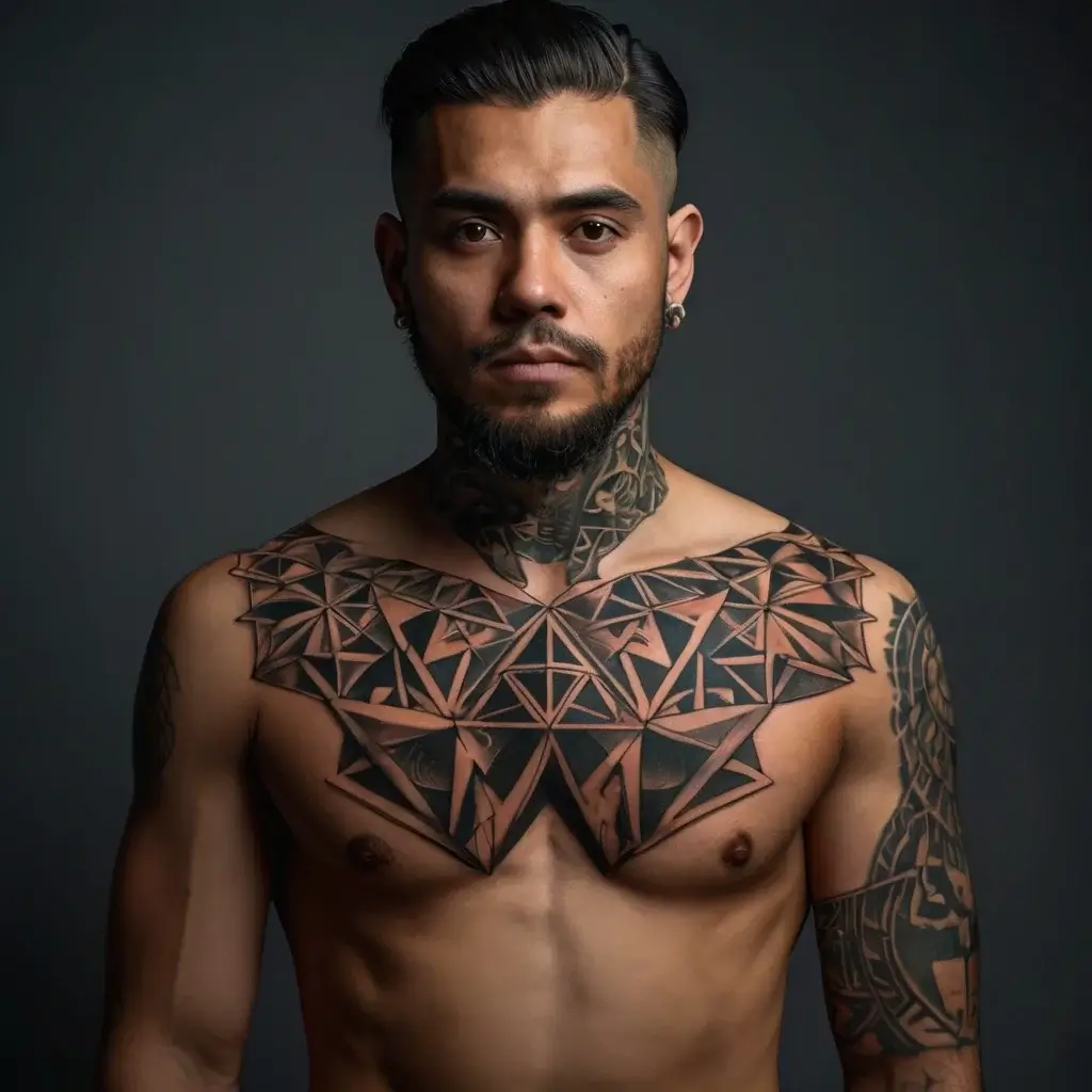 Geometric blackwork tattoo covers chest, neck, and arms with intricate triangles and bold outlines, creating a striking look.