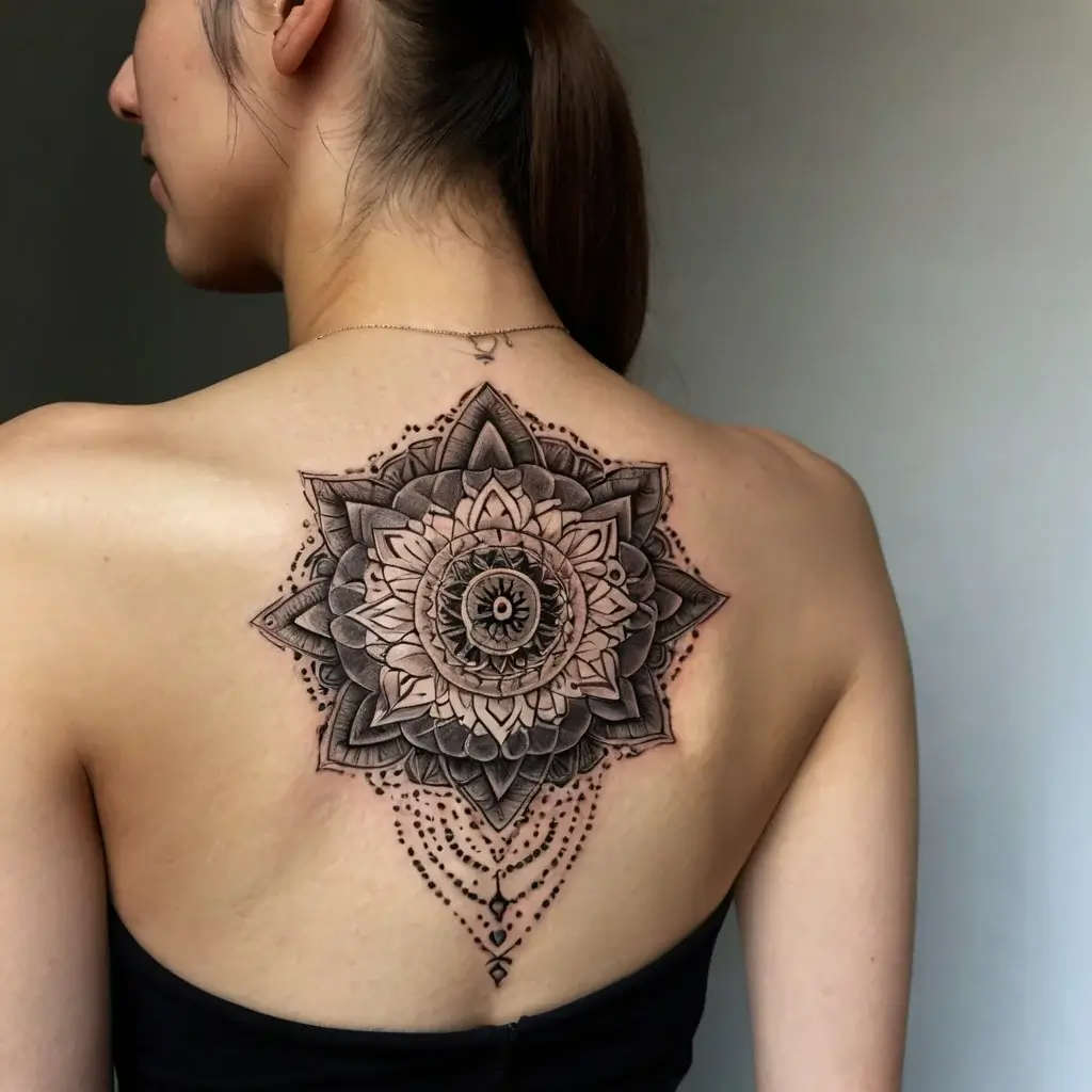 Intricate mandala tattoo on upper back with detailed geometric patterns and dotwork, forming a symmetrical floral design.