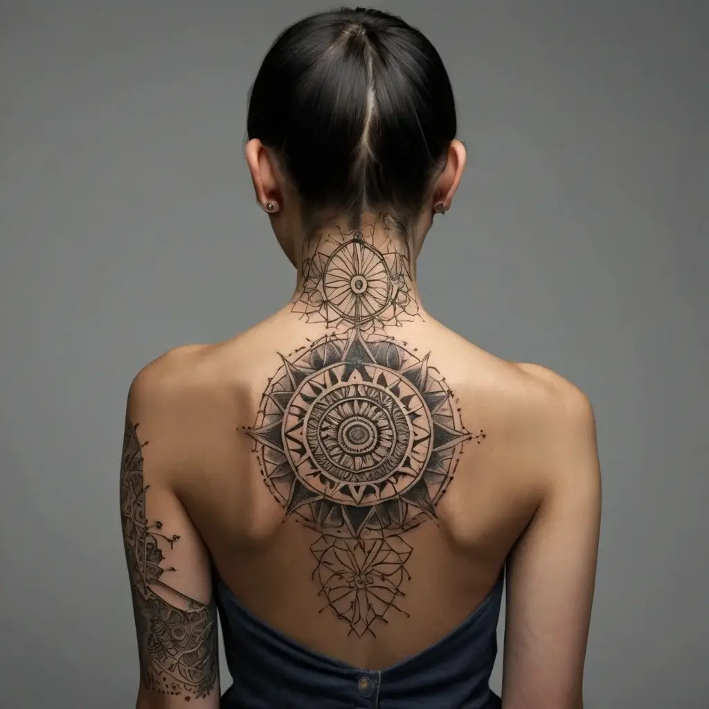 Geometric mandala tattoo on upper back, featuring intricate patterns and symmetrical shapes extending from neck to shoulders.