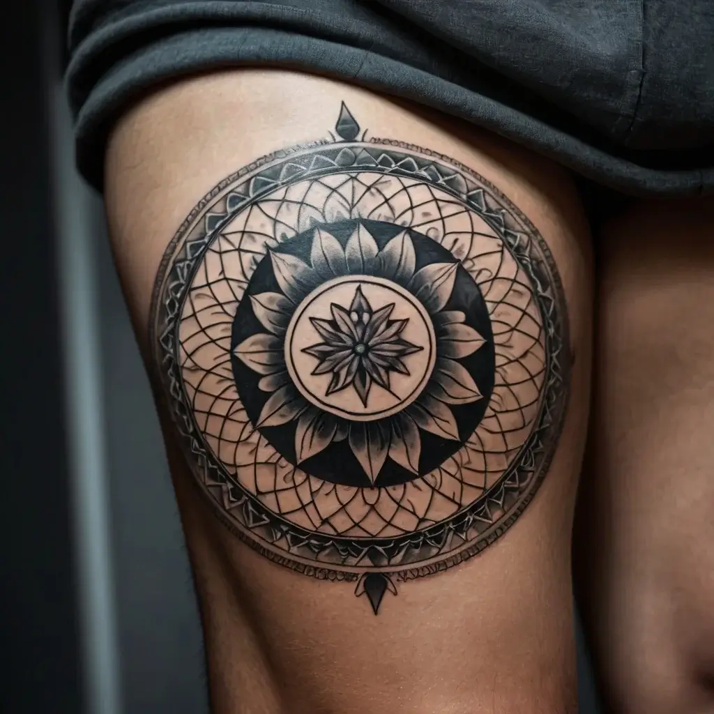 Ornate mandala tattoo featuring an intricate floral design with layered petals and geometric patterns, shaded in black and gray.