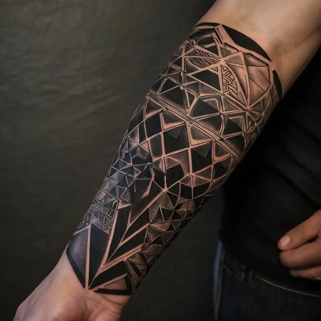 Geometric forearm tattoo featuring intricate 3D triangular patterns with black shading and depth effect.