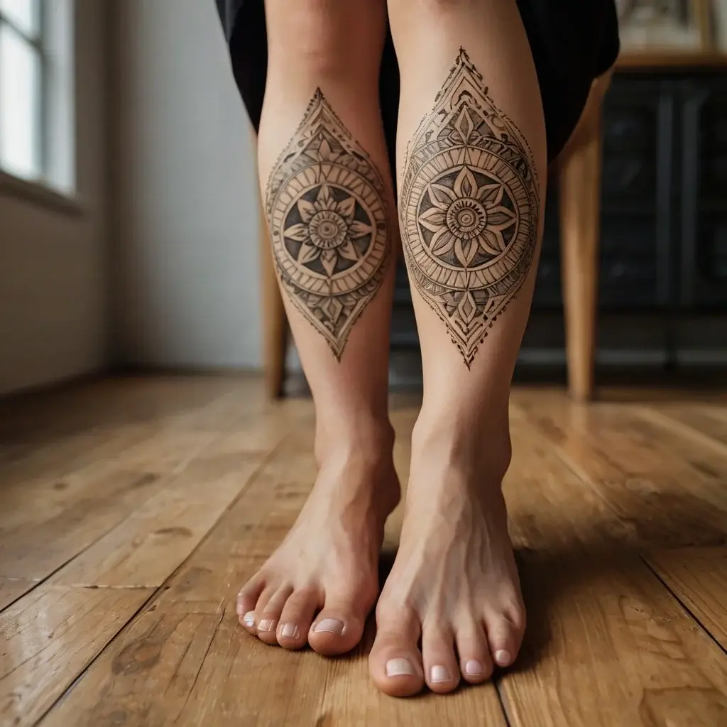 Geometric mandala tattoos on calves, featuring intricate symmetrical patterns and bold lines forming a central starburst.