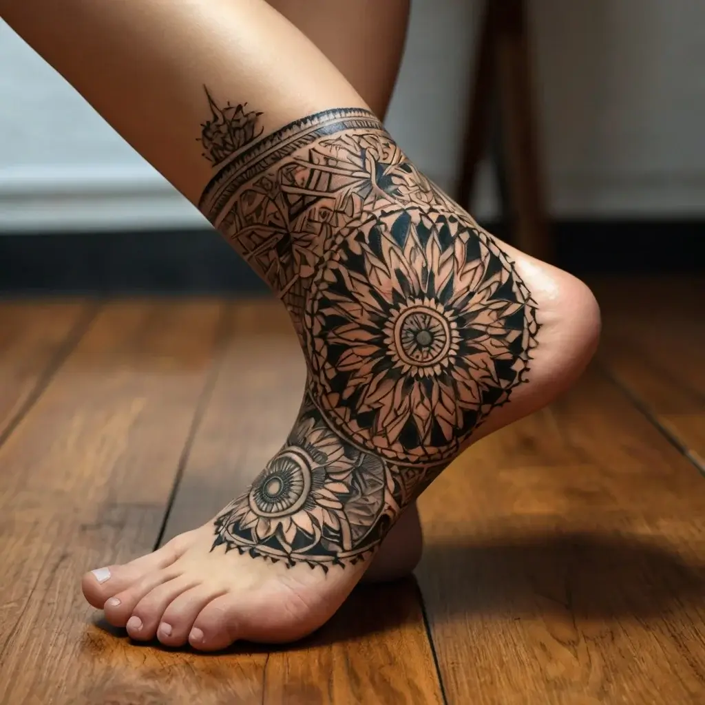 Intricate mandala tattoo on foot and ankle with floral patterns, bold black ink showcases detailed geometric shapes.